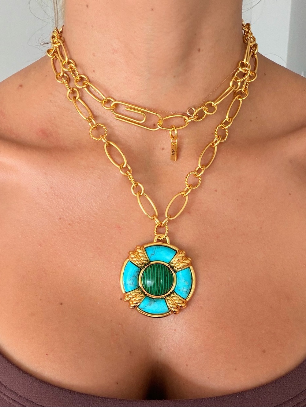✨AURÉLIE BIDERMANN Turquoise & Malachite Statement Pendant Necklace ✨